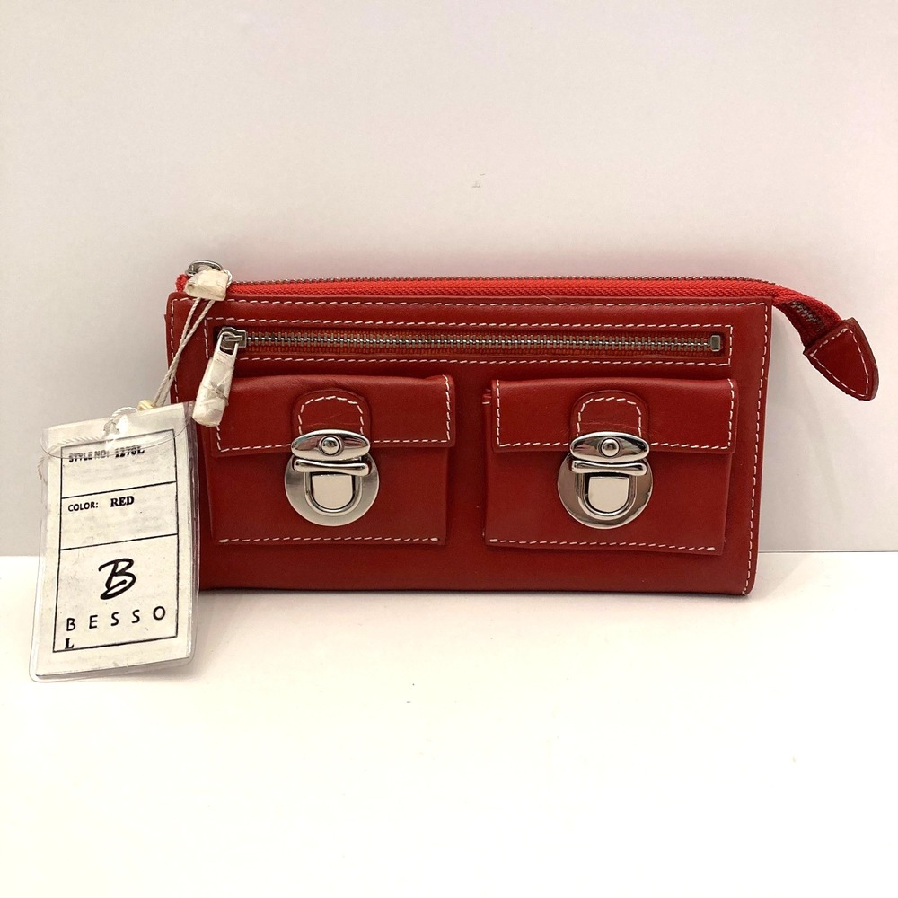 NWT Besso Red‎ Leather Wallet Double Clasp Pockets Zip Top Contrast Stitching
